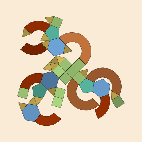 Code generated design made out of colorful blocks (yellow triangles, green squares, bluegreen pentagons, blue hexagons, brown 180 degree arcs and dark red 90 degree arcs) touching each other on the sides, which have all the same length.

The composition is grown from a central piece, and the child pieces are usually of the same type.