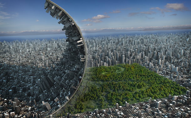 Illustration de l'artificialisation des sols.

On voit un paysage urbain, du ciel, et une langue de terre soulevée comme une épluchure, avec, sous le tissu urbain, une forêt.

https://www.istockphoto.com/fr/photo/d%C3%A9veloppement-urbain-gm178422623-24602446