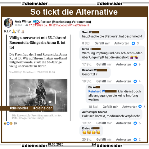 Anja Winter, AfD Mecklenburg-Vorpommern KV Rostock teilt einen Bericht über den Tod von Rosenstolz Sängerin AnNa R. "Völlig unerwartet mit 55 Jahren! Rosenstolz-Sängerin Anna R. ist tot." und postet "RIP" dazu.
Der private Beitrag ist vom 17.03.2025 und mittlerweile gelöscht, unsere Screenshots vom 18.03.2025.

Wir zeigen hier auf Slide 2 u.a. noch diese weiteren Kommentare "Hauptsache die Bratwurst hat geschmeckt.", "Werbung Impfung und das schlecht Reden über Ungeimpft hat die eingeholt.", "Politisch korrekt, medizinisch verpfuscht." und "Gespritzt?" mit der Antwort "klar die ist doch alle angegangen die keine Impfung wollten."