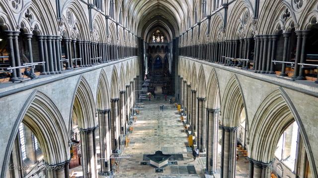View into the nave of Salisbury Cathedral from the balcony.