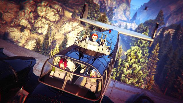 A screenshot I took in the video game GTA Online using the Rockstar Editor. It shows three of my crew mates flying a Mogul  through a canyon during the Oscar Guzman missions hunted by an attack helicopter.