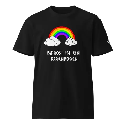 A rainbow with the text "Bifrost ist ein Regenbogen"