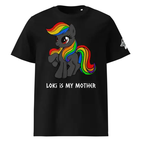 A black my little pony with a rainbow mane and the text "Loki is my mother"
