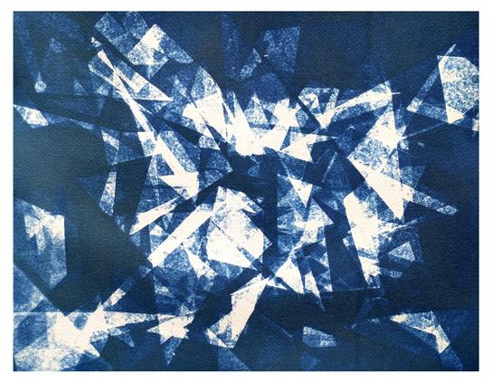 A cyanotype which looks like an explosion of shards of light in a blue darkness. It is random sharp shapes, lots of triangles, lots of overlaps. The central area is whiter / lighter, with deeper blue pieces more abundant towards the edges