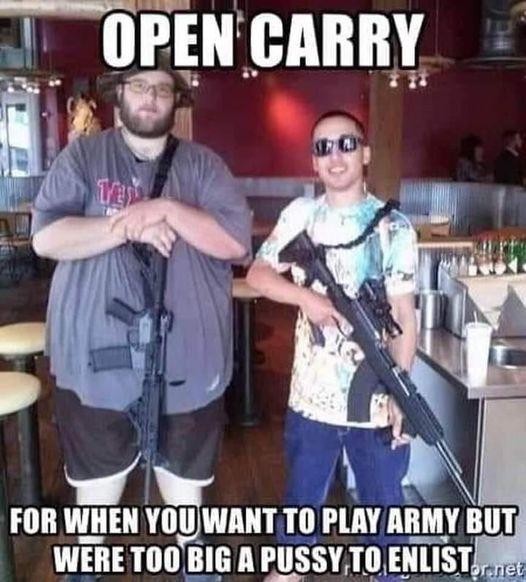 picture of two young males, one tall and fat trying to look serious and one thin and short with a goofy smile, each with a semi-automatic rifle which is a civilianized M16. the caption reads: "Open Carry - For when you want to play Army but were too big a pussy to enlist"
