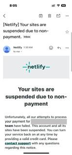 Screenshot of an email from Netlify sent at 1:30am, with subject “your sites are suspended due to nonpayment”