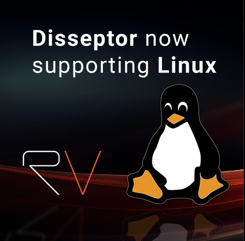 Linux support announcement artwork with the text "Disseptor now supporting Linux", the RV logo and a penguin (Tux).
