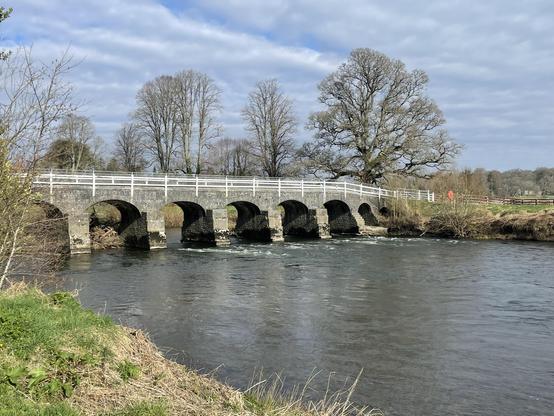 A stone bridge over a river.

The river is about 100 feet wide, with grass and small trees on each bank. The bridge is a stone arched design, with wooden railings along each side. Trees with buds are in the background, likely ready to open within a matter of a few days.