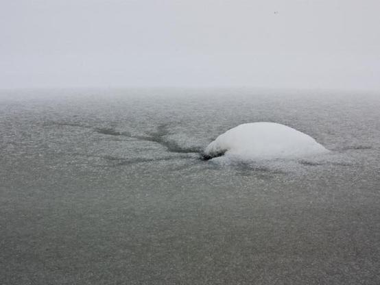 The lamp is now in the middle right. Almost invisible because it is frozen and also snowed under. Because it is wet around the lamp because it is partly kept open for the ducks it is grey there. Only the lamp is white and a horizontal stripe (about a third of the photo) at the top where snow lies on the ice.