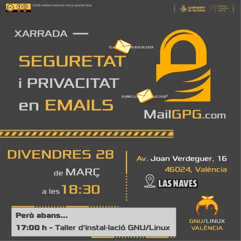 Cartel de una charla titulada "Seguridad y privacidad en emails", donde aparece el logo de GnuPG, y la dirección de mailGPG.com; la charla será el viernes 28 de Marzo a las 18:30, en Las Naves. Concretamente en Avenida Joan Verdeguer, 16, 46024, València. Un pequeño cartel en la zona inferior avisa que antes, a las 17:00, se realizará un pequeño taller de instalación de GNU/Linux. Charla organizada por la asociación GNU/Linux València.