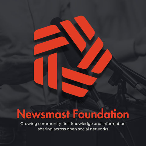 The Newsmast Foundation logo can be seen over a faded black and white image of a microphones. Copy: Newsmast Foundation. Growing community-first knowledge and information sharing across open social networks.