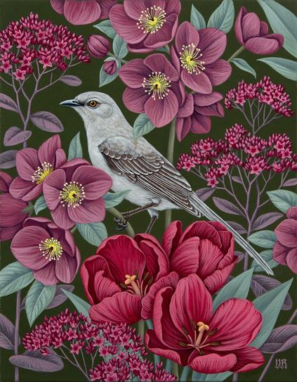 a gray bird perches between pink and purple flowers