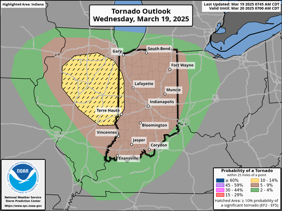 Map of Indiana, shaded to indicate area of various tornado probabilities.