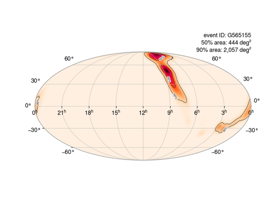 Map of the entire sky in an elliptical area. Orange areas show the areas of the sky from which the gravitational wave most likely came. To the right of the center and near the right edge, two large orange spots are visible.