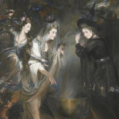The Three Witches from Macbeth (Elizabeth Lamb, Viscountess Melbourne; Georgiana, Duchess of Devonshire; Anne Seymour Damer) by Daniel Gardner.

This unusual group portrait depicts three of the most politically influential and socially notorious women of the period. They are, from left to right, the society ladies and political hostesses Elizabeth Lamb, Viscountess Melbourne, Georgiana, Duchess of Devonshire and the sculptor Anne Seymour Damer.

Description: National Portrait Gallery