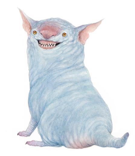 Norman - a blue pointy eared monster with a pink nose and a big grin