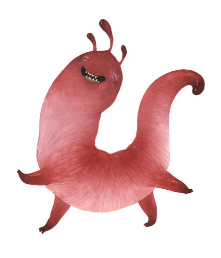 Priscilla - a red slug like monster with four legs skipping along with a huge smile on her face