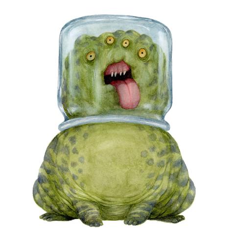 Maurice - a green four eyed monster with a glass jar on its head and the tongue licking the inside of the jar