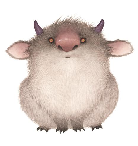 Round fluffy brown monster with a pink nose, sticky out ears and purple horns