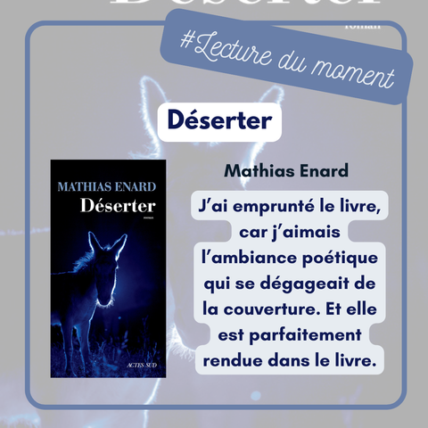 Visuel réalisé à partir de la couverture du livre Déserter de Mathias Enard.
On y voit : le hashtag Lecture du moment, la couverture du livre, le titre et le nom de l'auteur. Ainsi que le texte de ce pouet.