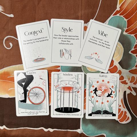 Six cards are shown from the Leadership Tarot deck. The text on the six cards is as follows in order from top left to bottom right. 
Context - the leader’s perspective on the setting for the leadership 
Style - How the leader approaches their role or relationships with those they collaborate with 
Vibe - The tone set - as an outcome - for the leadership themselves and their team
Lagom - more than sufficient, less than too much, just right
Wireless - foundation for others, distributed
Kairos - qualitative time, opportune