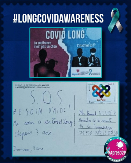 Alt : Une carte postale de l’association AprèsJ20, rédigée par Francisco, 9 ans, adressée au ministère de la santé  : "SOS besoin d'aide ! ma sœur a un covid long depuis 3 ans"
