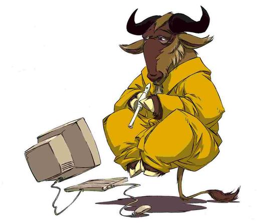 Este desenho colorido retrata um gnu [espécie de bovídeo africano] flutuando, imerso em meditação, envolto em uma túnica dourada. Tanto ele quanto seu computador flutuam acima do chão — apenas sua cauda toca levemente o solo. Ele segura uma flauta entre suas patas dianteiras, como se tivesse acabado de receber a inspiração para encantar seu computador com música. Há um brilho em seus olhos enquanto ele olha fixamente para a tela do computador à sua frente. [FSF/Nevrax, 2001. Licença: GPLv3+ / FDL 1.1+. Descrição traduzida da página do projeto GNU.]