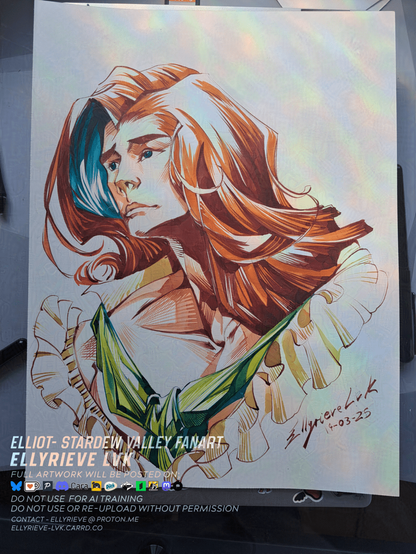 Fanart of Elliot from Stardew Valley dressed in a style reminiscent of 90's Fabio/Clinch covers. Done with brush pens, brushes and Fountain pen ink. Fanart by Ellyrieve LVK