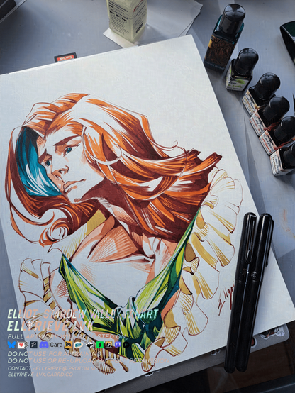 Fanart of Elliot from Stardew Valley dressed in a style reminiscent of 90's Fabio/Clinch covers. Done with brush pens, brushes and Fountain pen ink. Fanart by Ellyrieve LVK