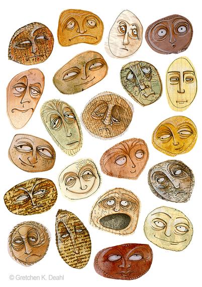 Paper Faces - The Human Psyche
FACES. We all have them. They fascinate me. Expressions in particular - from subtle to extreme.
OLD PAPER. These too share qualities of human expression. From long ago handwritten notes, aged newspapers and maps to worn paper stained with time. In this series of prints, I combine them to create whimsical "stories" about the nature of being human.

On a background of white, in varying shades of orange, gold, green brown and red, 21 semi-abstract, comical pencil faces are drawn. They're emotional states are depicted and range from bored, paranoid, tearful, blah, puzzled, avaricious, shocked, terrified, fill with longing, etc... Old note paper, maps, currency, etc... comprise some of the paper they are drawn on. NOTE: This description created especially for my lovely blind friend, Georgiana. :-)