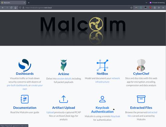 The Malcolm landing page with Keycloak authentication enabled.