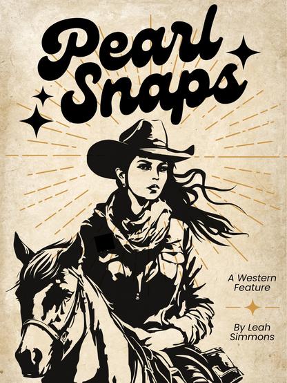 Young cowgirl riding a horse with a starburst around her head, PEARL SNAPS. A western feature by Leah Simmons