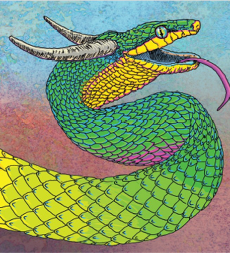 A Batek Naga/Rainbown Snake glittering with yellow and green scales and horned, with a long red tongue emerging from an open mouth