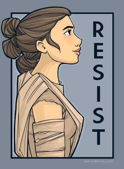 The image features a cartoon illustration of a woman's profile, facing left, with her hair styled in a bun and wearing a beige top. The word "RESIST" is prominently displayed vertically on the right side of the image.

In the foreground, the woman's facial expression is neutral, and she appears to be looking straight ahead. Her attire consists of a simple beige top that covers her shoulders and upper body. The illustration style gives the impression of simplicity and minimalism.

The background of the image is a solid gray color, which provides a clean and uncluttered backdrop for the illustration. A thin black border surrounds the entire image, adding a touch of sophistication to the overall design.

Overall, the image presents a straightforward yet impactful visual message, with the bold text "RESIST" serving as a clear focal point. The use of a simple color palette and minimalist illustration style contributes to the image's clean and modern aesthetic.