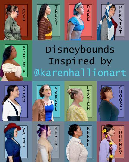 The image features a vibrant collage of 13 women's profiles, each set against a distinct background color.
Each woman is dressed in attire that matches their respective background color, with some wearing headbands or scarves to complement their outfits. The text "Disneybounds Inspired by @karenhallionart" is prominently displayed at the top of the image, written in black font against a blue background.

The overall design suggests that this image is intended for use as a social media post or advertisement, possibly promoting Disney-inspired fashion or art inspired by Karen Hallion's work.