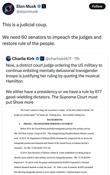 Musk claims their is a judicial coup & asks (incorrectly) for 60 senators to impeach