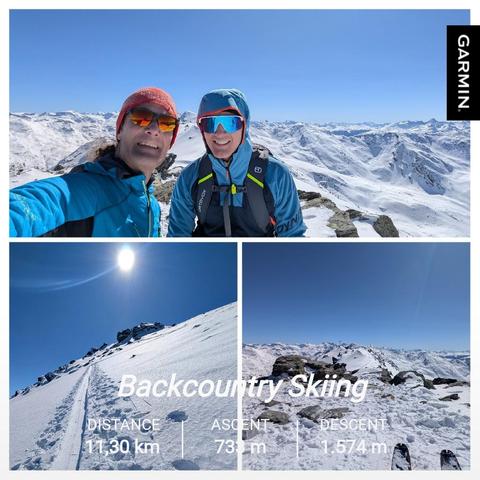 A collage of winter mountain adventure photos. 

The top image shows myself and my son taking a selfie at a the Glungezer high mountain summit at 2677m, wearing ski gear including colorful sunglasses and headwear. They're dressed in blue winter jackets and have protective headgear. Behind them stretches a vast panorama of snow-covered mountain peaks under a clear blue sky.

The bottom left image captures a steep snow slope with ski tracks cutting through pristine snow. The bright sun is visible in the clear blue sky above the slope, creating a stark contrast with the white snow.

The bottom right image shows a mountain summit perspective with rocky outcroppings protruding through the snow. The tips of skis are visible at the bottom edge of the frame, and in the background, a sweeping vista of snow-covered mountain ranges extends to the horizon under clear blue skies.

The entire collage captures a high-alpine ski touring or mountaineering expedition in perfect weather conditions.