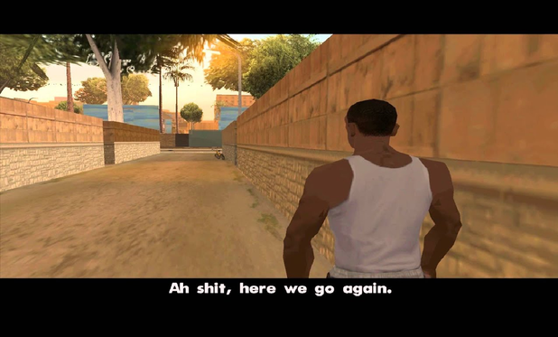 A video game screenshot of a man walking down a well-lit alley, saying, "Ah shit, here we go again."