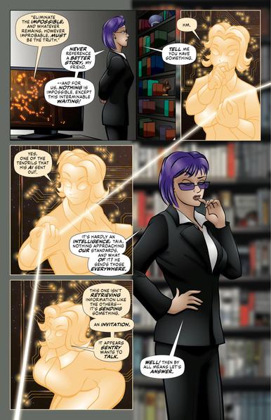 A comic page where technomage Ms. Cipher discusses matters with her AI. Full transcript available at included link