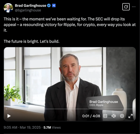 tweet by brad garlinhouse with video

"This is it – the moment we’ve been waiting for. The SEC will drop its appeal – a resounding victory for Ripple, for crypto, every way you look at it.

The future is bright. Let's build."