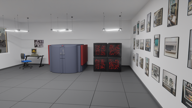 3D Computer Graphics out of Blender showing computer room with a Cray Y-MP EL, a Thinking Machines Connection Machine 2 and a normal 90s beige Computer. The white room with a gray floor as windows to the left and pictures of vintage computers to the right.