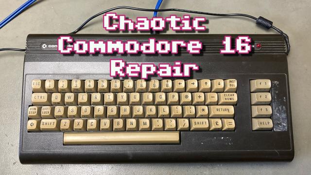 Thumbnail for my video, a photograph of a badly yellowed Commodore 16 on my workbench. The machine has some sticker residue around the function keys and looks pretty dirty. The overlayed text reads "Chaotic Commodore 16 Repair".