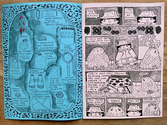 Illustrations of the contents of the backpack which include expert binoculars and an expert compass. Detective Tso is trying to make Oat the owlet jealous….and Tso is succeeding…not that Oat would ever admit it.