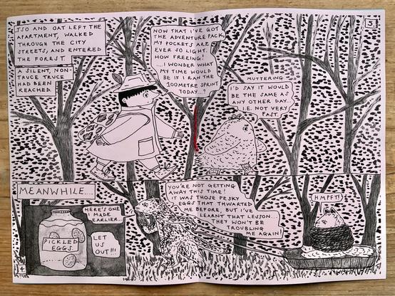 Tso and Oat set off through the forest in search of the blue fox. Meanwhile, the stoat, who has captured Fraser the cat is dragging the cat through the forest on a sledge. The stoat has also captured the eggs and put them in a jar of pickling liquid!
