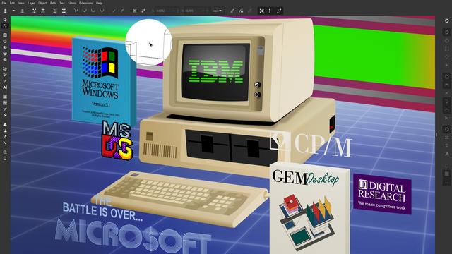 IBM PC5150 vector illustration with DOS & Windows and CP/M & GEM Desktop