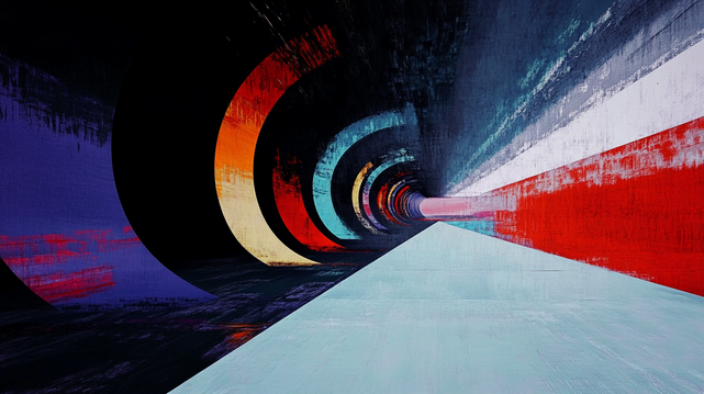 Tunnel Chromatique
Un tunnel abstrait aux arcs colorés et aux textures vibrantes s’étire vers un point lumineux, évoquant un voyage sensoriel entre lumière et matière. Les contrastes de couleurs intenses et les lignes dynamiques créent une atmosphère futuriste et hypnotique.
An abstract tunnel with colorful arcs and vibrant textures stretches toward a luminous point, evoking a sensory journey between light and matter. The intense color contrasts and dynamic lines create a futuristic and hypnotic atmosphere.
