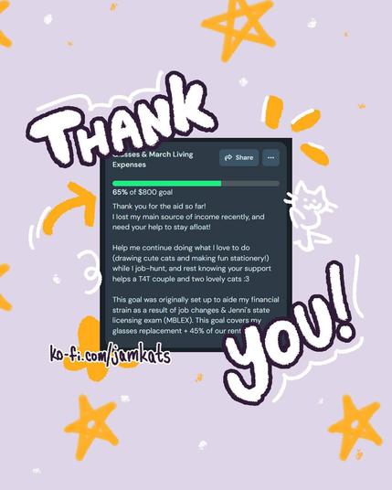 A screenshot of my Ko-fi goal, with the words "Thank You!" written around it. My goal has reached 65%!
There is also a written link to my Ko-fi page: ko-fi.com/jamkats