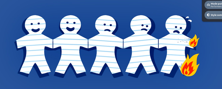 une banderole de petits bonhommes en papier reliés par les bras. Les deux premiers à gauche sourient, les deux suivant sont inquiets car il voient leur dernier camarade à droite encore plus inquiet dont le bras et la jambe commencent à prendre feu.