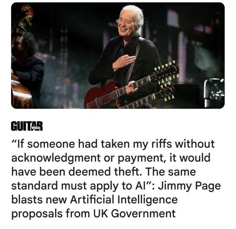 Photo is a recent one of Led Zepplin guitarist Jimmy Page, holding a red double guitar and smiling.

 “If someone had taken my riffs without acknowledgment or payment, it would have been deemed theft. The same standard must apply to Al”: Jimmy Page blasts new Artificial Intelligence proposals from UK Government