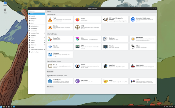 Screenshot of Budgie Desktop on Fedora Budgie 42 Beta showing Discover software center's home view.